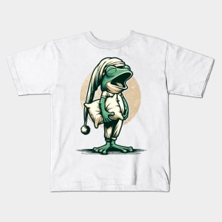 Sleepy frog wearing a nightcap, holding a pillow Kids T-Shirt